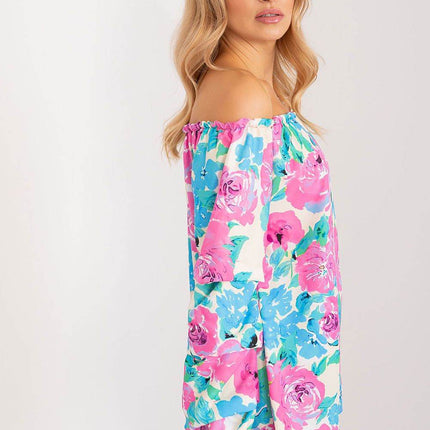 Floral Off-Shoulder Blouse with Puff Sleeves and Creased Neckline - MimiStylez
