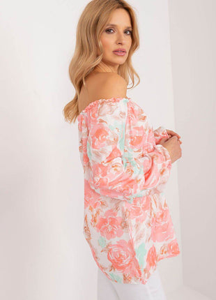 Floral Off-Shoulder Blouse with Puff Sleeves and Creased Neckline - MimiStylez