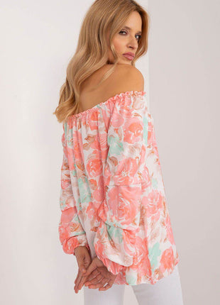 Floral Off-Shoulder Blouse with Puff Sleeves and Creased Neckline - MimiStylez