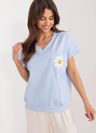 Cotton Casual Blouse with Embroidered Flower and Zircon Detail - MimiStylez