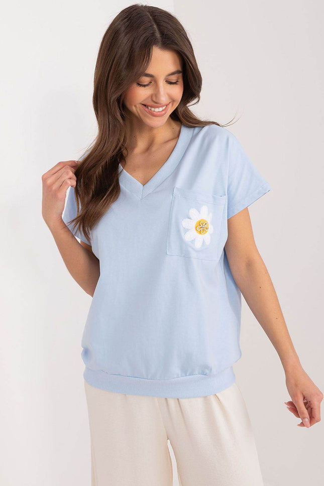 Cotton Casual Blouse with Embroidered Flower and Zircon Detail - MimiStylez