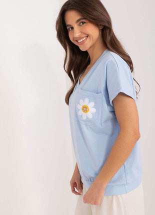 Cotton Casual Blouse with Embroidered Flower and Zircon Detail - MimiStylez