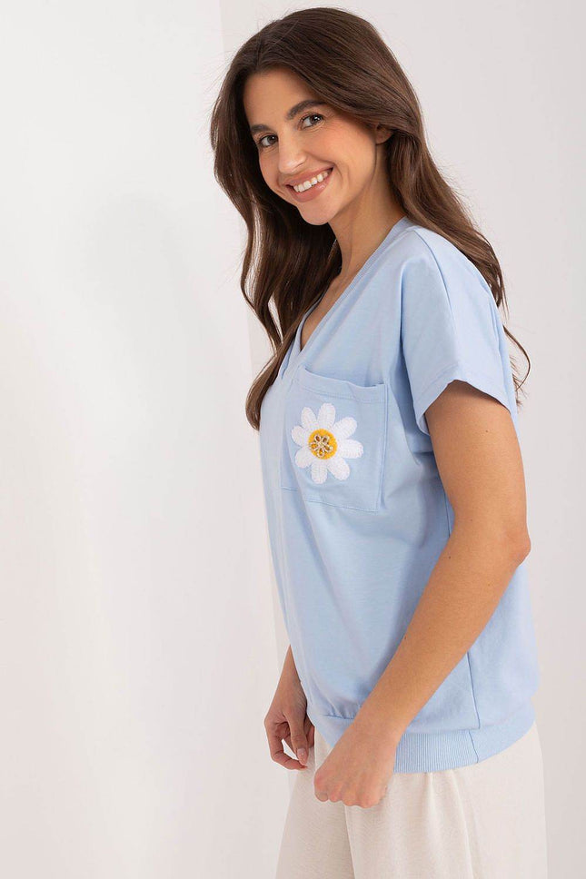 Cotton Casual Blouse with Embroidered Flower and Zircon Detail - MimiStylez
