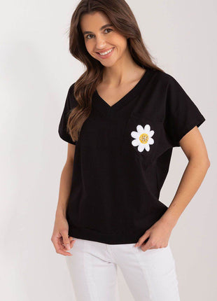 Cotton Casual Blouse with Embroidered Flower and Zircon Detail - MimiStylez
