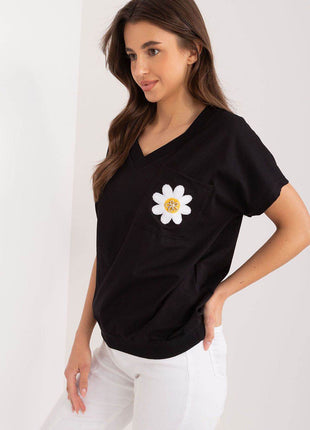Cotton Casual Blouse with Embroidered Flower and Zircon Detail - MimiStylez