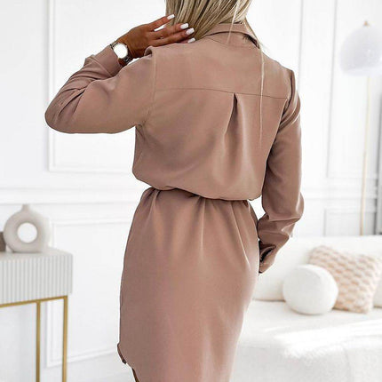 Long Sleeve Midi Shirt Dress with Pockets & Side Binding - MimiStylez