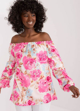 Floral Off-Shoulder Blouse with Puff Sleeves and Creased Neckline - MimiStylez