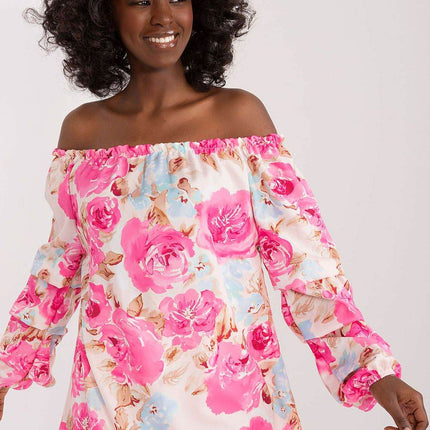 Floral Off-Shoulder Blouse with Puff Sleeves and Creased Neckline - MimiStylez