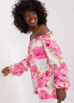 Floral Off-Shoulder Blouse with Puff Sleeves and Creased Neckline - MimiStylez