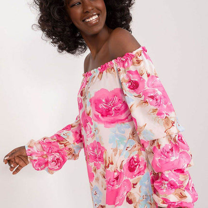 Floral Off-Shoulder Blouse with Puff Sleeves and Creased Neckline - MimiStylez