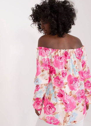 Floral Off-Shoulder Blouse with Puff Sleeves and Creased Neckline - MimiStylez