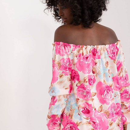 Floral Off-Shoulder Blouse with Puff Sleeves and Creased Neckline - MimiStylez