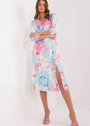 Colorful Patterned Midi Dress with Ruffle Hem and Envelope Neckline - MimiStylez