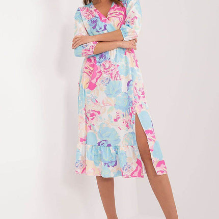 Colorful Patterned Midi Dress with Ruffle Hem and Envelope Neckline - MimiStylez