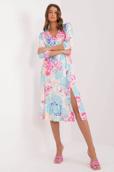 Colorful Patterned Midi Dress with Ruffle Hem and Envelope Neckline - MimiStylez