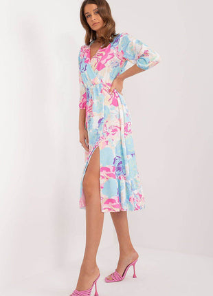Colorful Patterned Midi Dress with Ruffle Hem and Envelope Neckline - MimiStylez