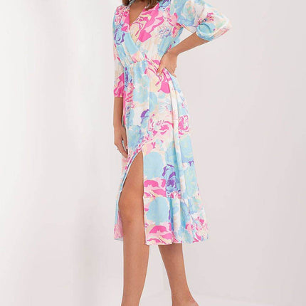 Colorful Patterned Midi Dress with Ruffle Hem and Envelope Neckline - MimiStylez