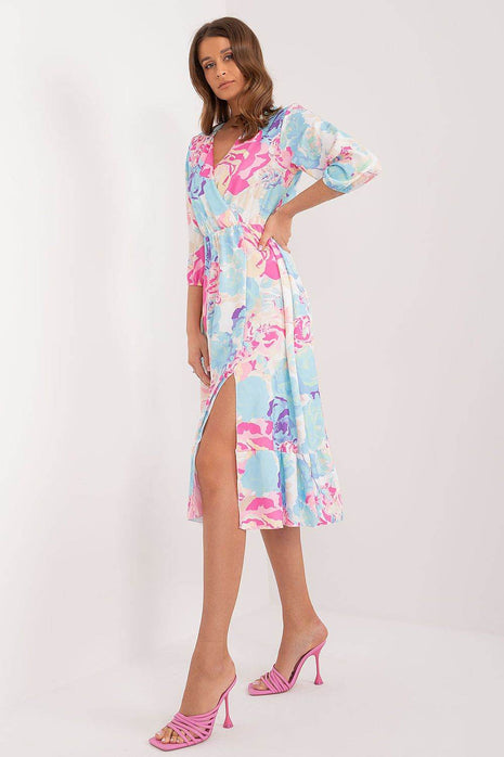 Colorful Patterned Midi Dress with Ruffle Hem and Envelope Neckline - MimiStylez