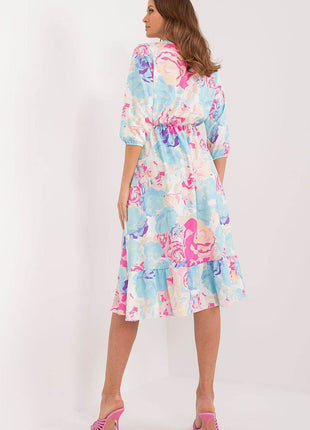 Colorful Patterned Midi Dress with Ruffle Hem and Envelope Neckline - MimiStylez