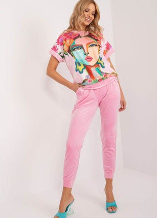 Women’s Velour Co-Ord Set – Printed Short Sleeve Blouse & High-Waist Drawstring Pants - MimiStylez