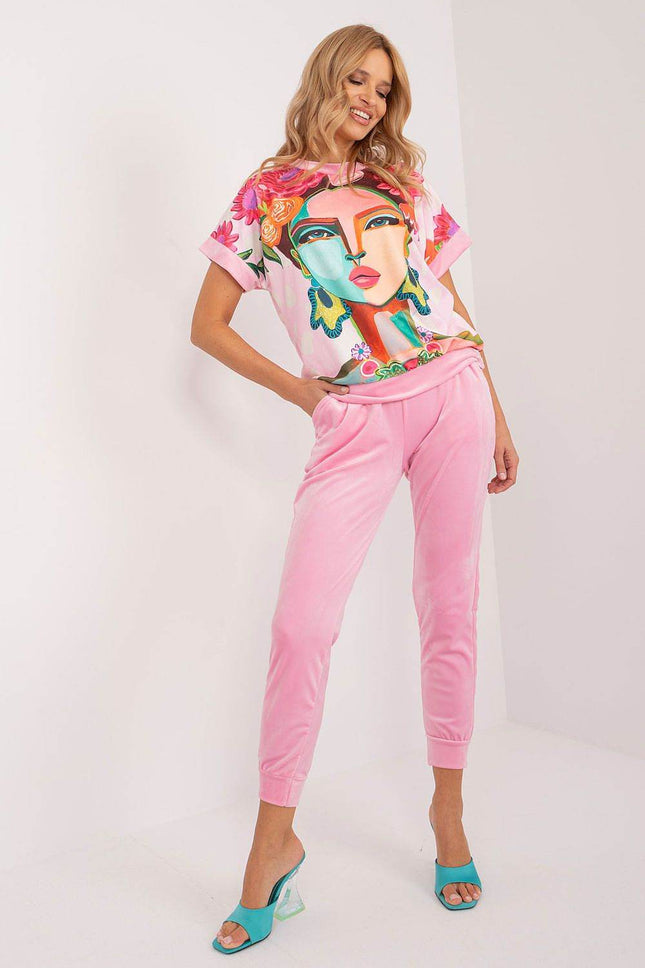 Women’s Velour Co-Ord Set – Printed Short Sleeve Blouse & High-Waist Drawstring Pants - MimiStylez
