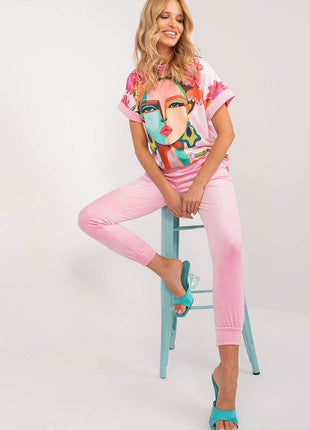 Women’s Velour Co-Ord Set – Printed Short Sleeve Blouse & High-Waist Drawstring Pants - MimiStylez