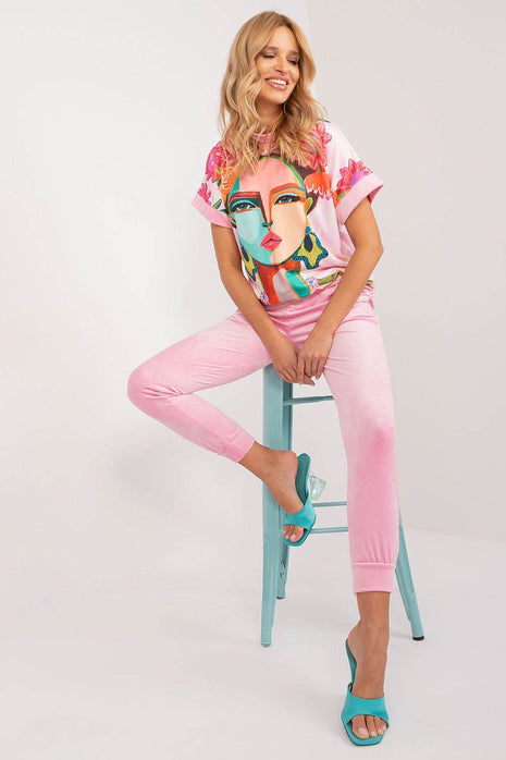 Women’s Velour Co-Ord Set – Printed Short Sleeve Blouse & High-Waist Drawstring Pants - MimiStylez