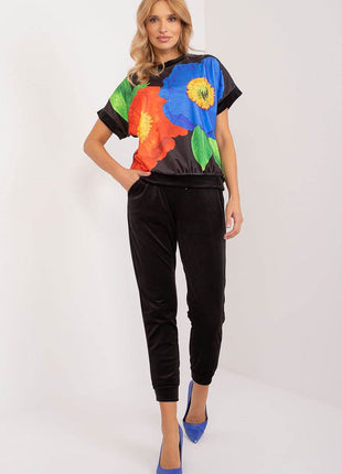 Women’s Velour Co-Ord Set – Printed Short Sleeve Blouse & High-Waist Drawstring Pants - MimiStylez