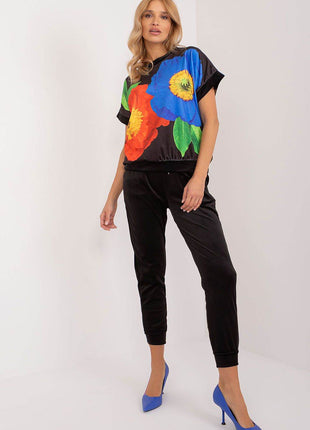 Women’s Velour Co-Ord Set – Printed Short Sleeve Blouse & High-Waist Drawstring Pants - MimiStylez