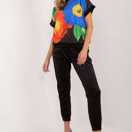 Women’s Velour Co-Ord Set – Printed Short Sleeve Blouse & High-Waist Drawstring Pants - MimiStylez