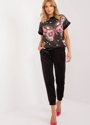 Women’s Velour Co-Ord Set – Printed Short Sleeve Blouse & High-Waist Drawstring Pants - MimiStylez