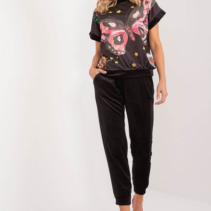 Women’s Velour Co-Ord Set – Printed Short Sleeve Blouse & High-Waist Drawstring Pants - MimiStylez