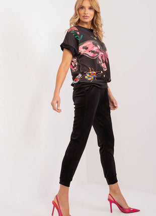 Women’s Velour Co-Ord Set – Printed Short Sleeve Blouse & High-Waist Drawstring Pants - MimiStylez