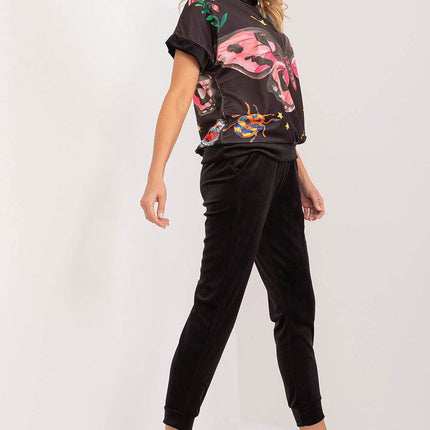 Women’s Velour Co-Ord Set – Printed Short Sleeve Blouse & High-Waist Drawstring Pants - MimiStylez