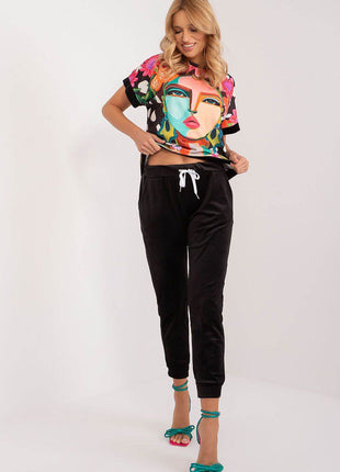 Women’s Velour Co-Ord Set – Printed Short Sleeve Blouse & High-Waist Drawstring Pants - MimiStylez