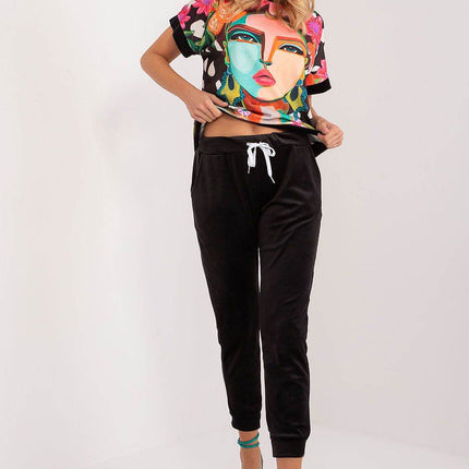 Women’s Velour Co-Ord Set – Printed Short Sleeve Blouse & High-Waist Drawstring Pants - MimiStylez