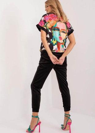 Women’s Velour Co-Ord Set – Printed Short Sleeve Blouse & High-Waist Drawstring Pants - MimiStylez