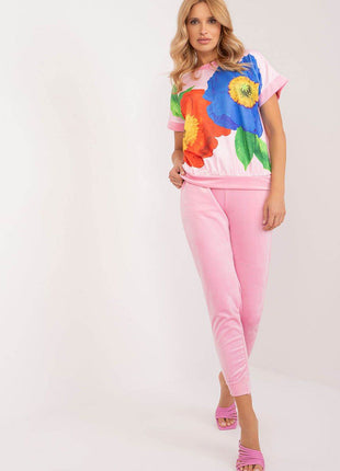 Women’s Velour Co-Ord Set – Printed Short Sleeve Blouse & High-Waist Drawstring Pants - MimiStylez