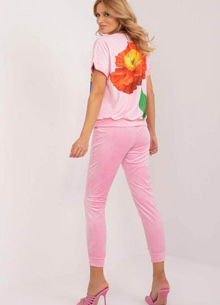 Women’s Velour Co-Ord Set – Printed Short Sleeve Blouse & High-Waist Drawstring Pants - MimiStylez