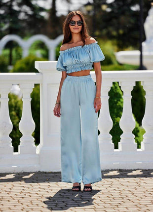 Marbella Satin Blouse with Spanish Neckline & Elastic Details - MimiStylez