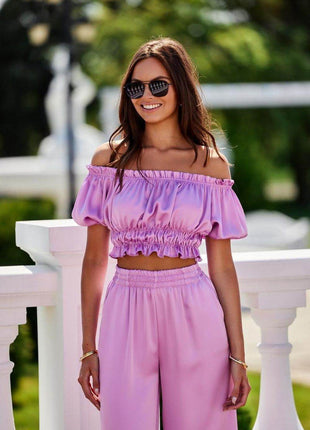 Marbella Satin Blouse with Spanish Neckline & Elastic Details - MimiStylez