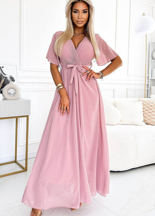 Long Chiffon Dress in Dirty Pink with Pleated Neckline - MimiStylez