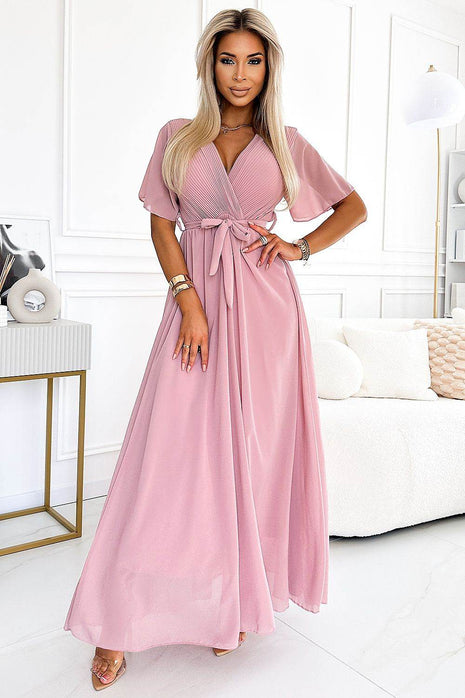 Long Chiffon Dress in Dirty Pink with Pleated Neckline - MimiStylez