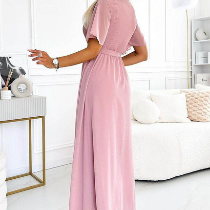Long Chiffon Dress in Dirty Pink with Pleated Neckline - MimiStylez