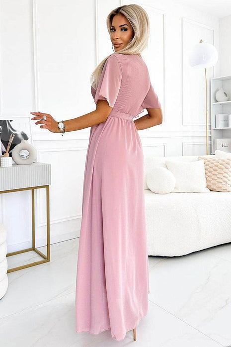 Long Chiffon Dress in Dirty Pink with Pleated Neckline - MimiStylez