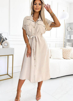 Beige Emery Midi Dress with Gold Buttons & Waist Tie - MimiStylez