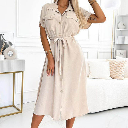 Beige Emery Midi Dress with Gold Buttons & Waist Tie - MimiStylez