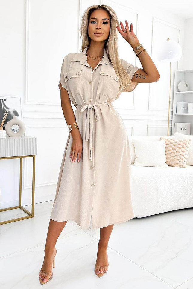 Beige Emery Midi Dress with Gold Buttons & Waist Tie - MimiStylez