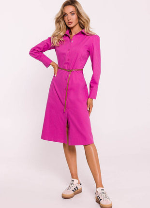 Cotton Shirt Dress with Belt, Button Front & Cuffed Sleeves - MimiStylez