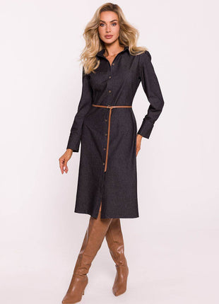 Cotton Shirt Dress with Belt, Button Front & Cuffed Sleeves - MimiStylez